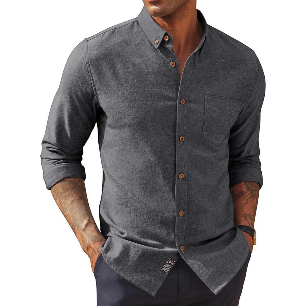 Men's Black Classic Fit Linen Long Sleeve Button Down Casual Shirts